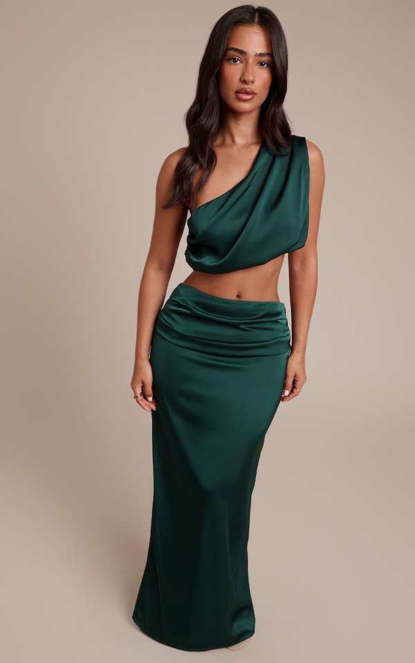 Petite Dark Olive Satin Drape Maxi Skirt