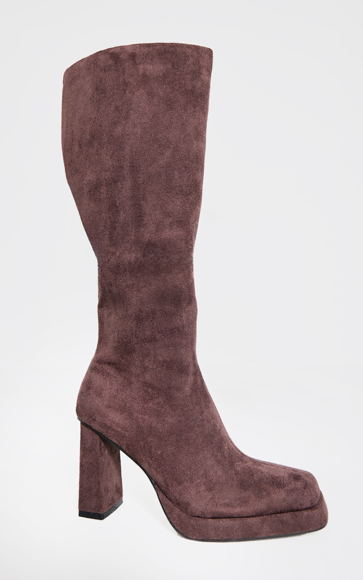 Chocolate Faux Suede Square Toe High Block Heel Knee High Boots image 3