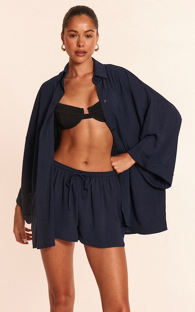 Navy Linen Look Oversized Drop Shoulder Beach Shirt