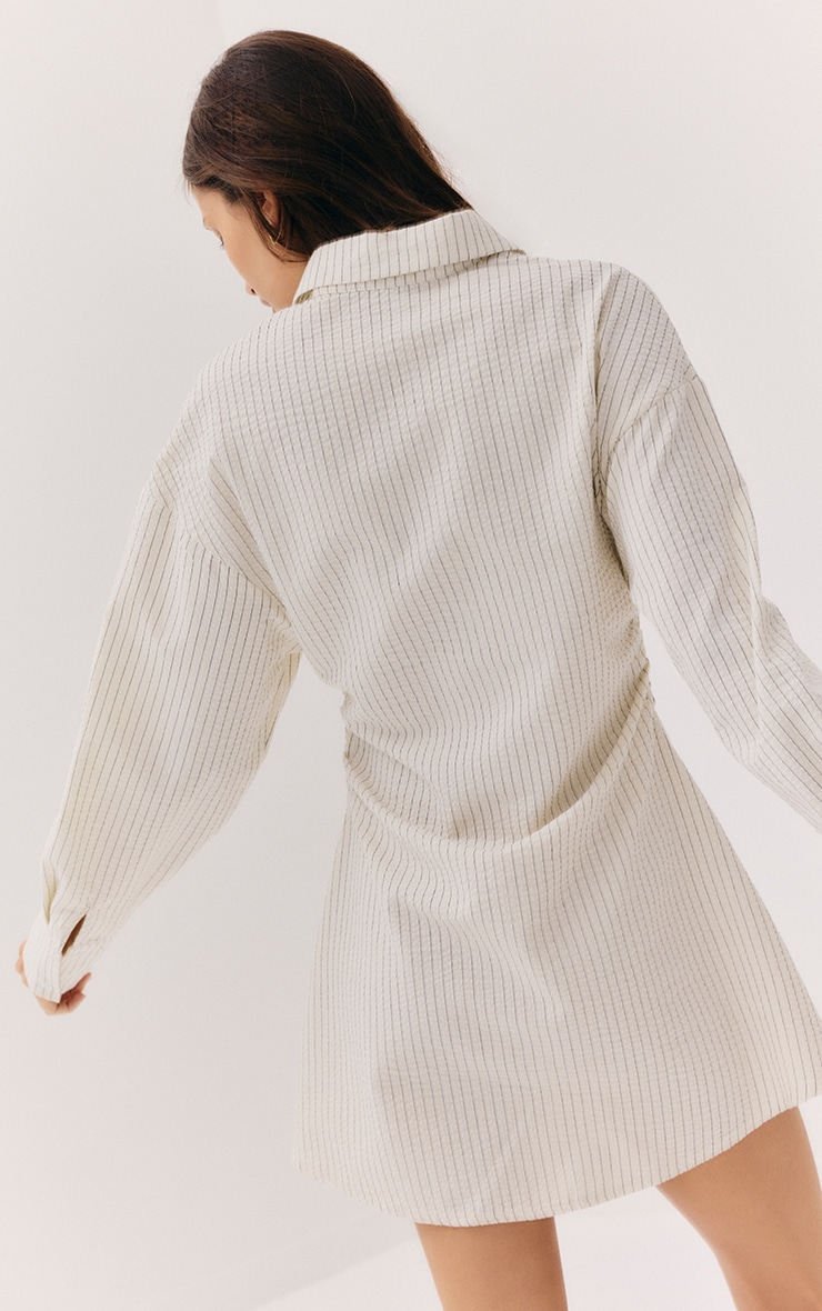 Cream Pinstripe Seersucker Cinched Waist Shirt Dress image 2