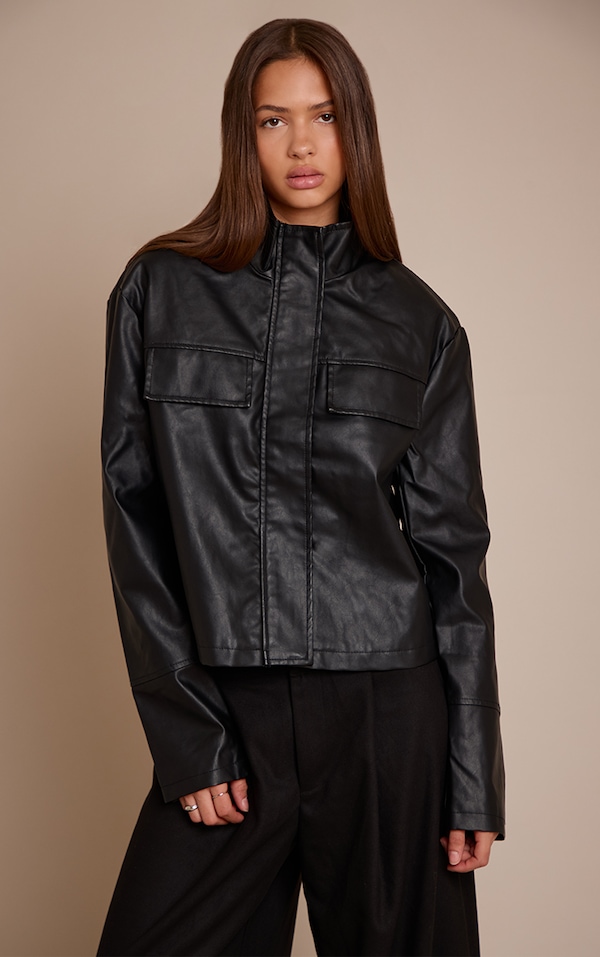 Black Faux Leather Funnel Neck Jacket