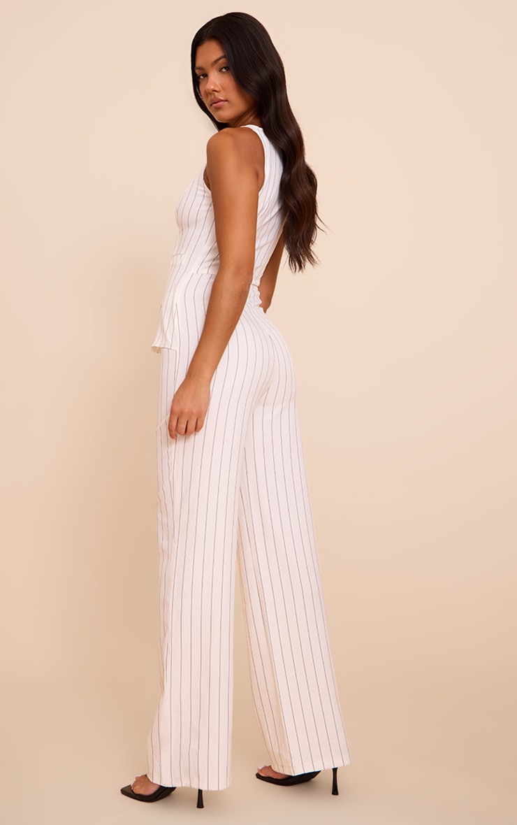 White Pinstripe Linen Button Down Peplum Hem Jumpsuit image 2