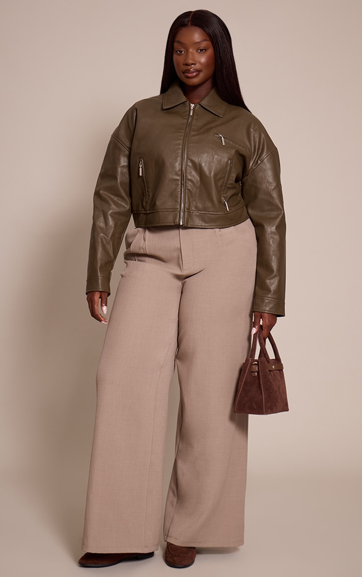 Plus Sage Green Textured Faux Leather Zip Up Minimal Biker Jacket image 3