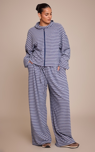 Plus Navy Striped Soft Fleece Straight Leg Track Pants