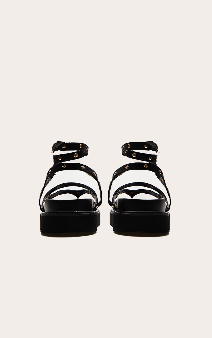 Black Faux Suede Round Toe Thong Studded Strappy Chunky Flatform Sandals image 4