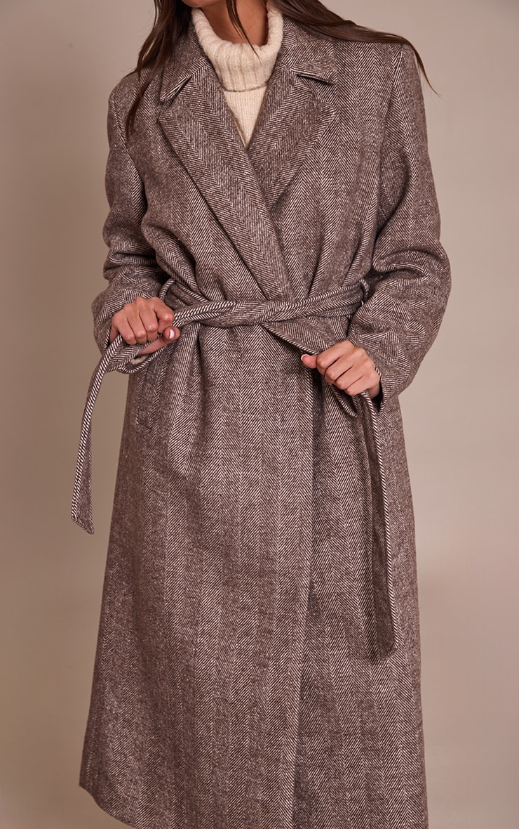Brown Herringbone Tie Waist Maxi Coat image 4