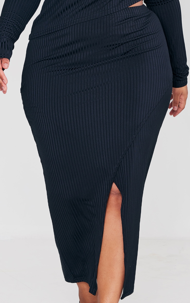 Plus Black Rib Asymmetric Wrap Midi Skirt image 4