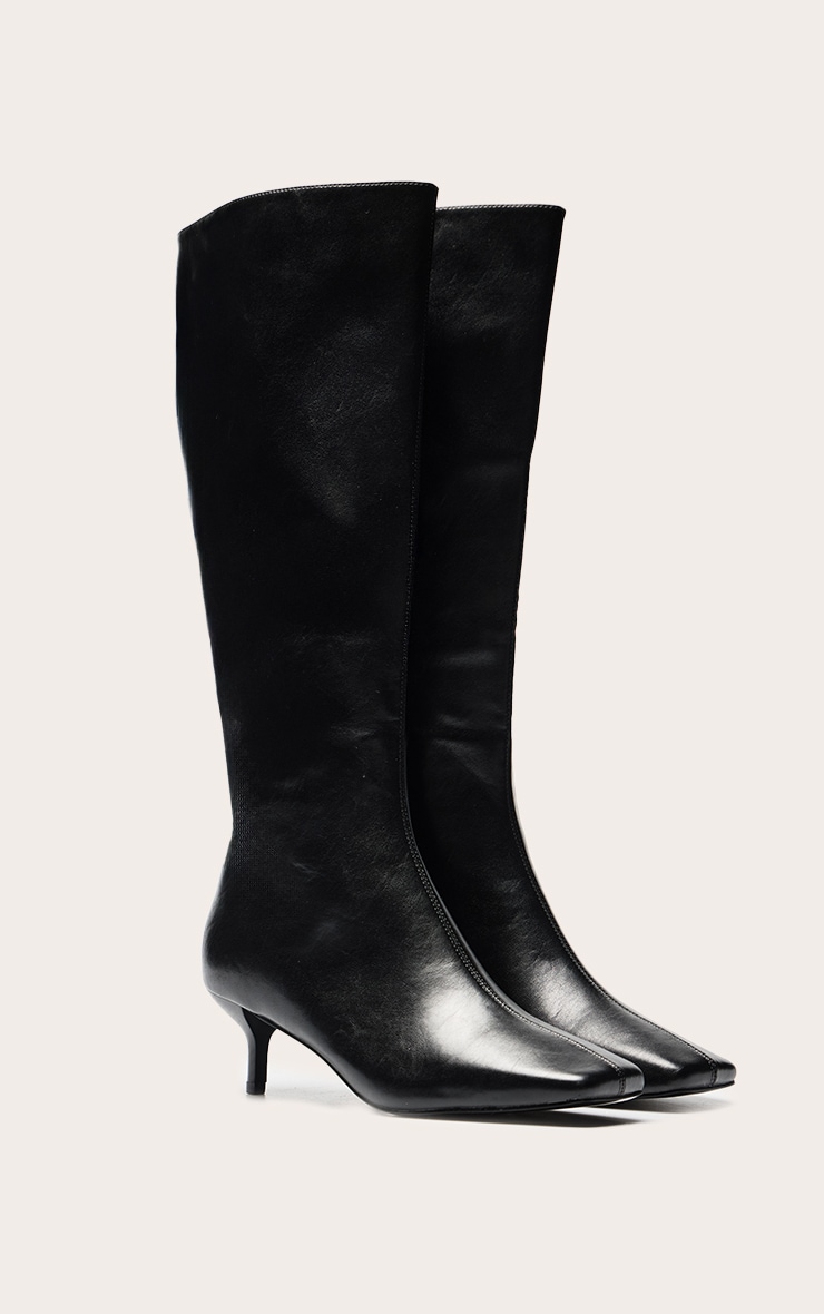 Black Soft PU Snip Toe Kitten Heel Knee High Boot image 3