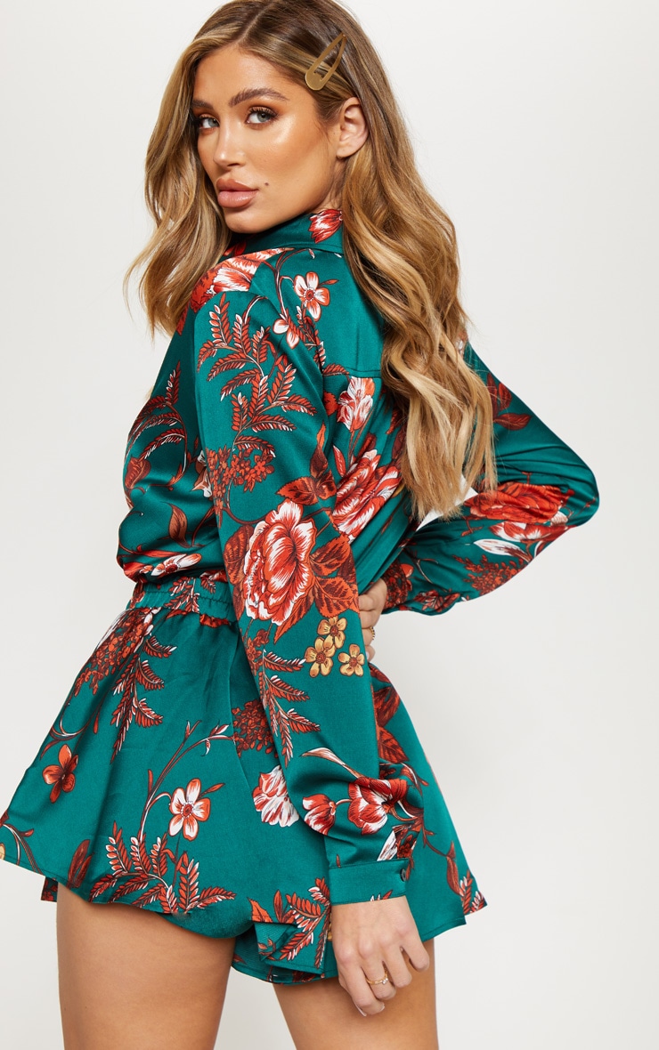 Emerald Green Floral Printed Oversized Shirt image 2