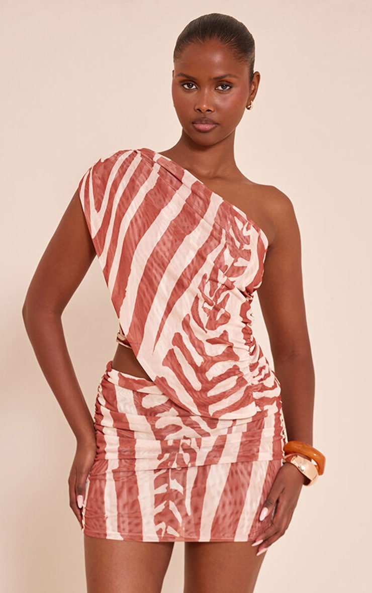 Brown Zebra Print Mesh One Shoulder Ruched Top image 1