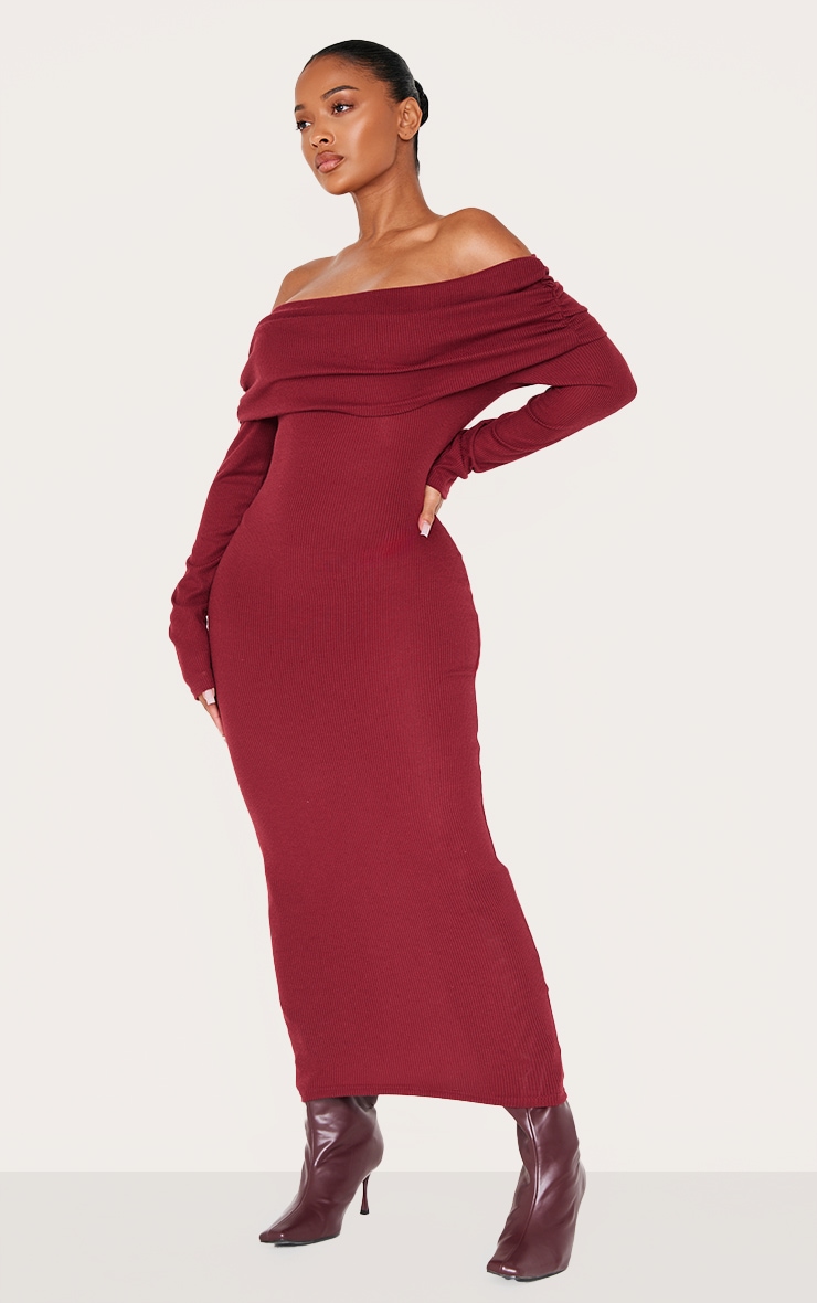 Shape Burgundy Rib Bardot Long Sleeve Maxi Dress image 3