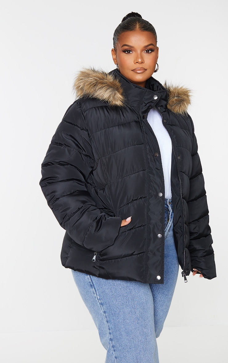 Plus Black Quilted Mara Faux Fur Hooded Puffer Jacket image 3