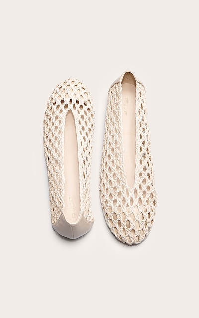 Cream Pu Round Toe Woven Ballet Flats