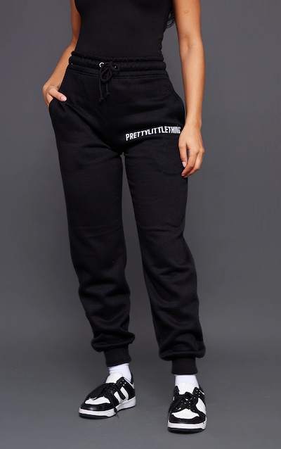 PRETTYLITTLETHING Black Logo High Waisted Cuffed Sweatpants