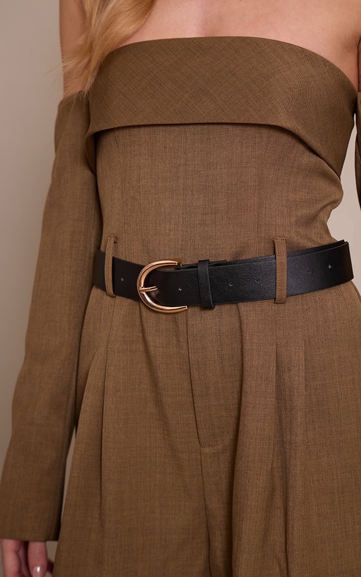 Khaki Woven Bardot Long Sleeve Belt Detail Jumpsuit image 4