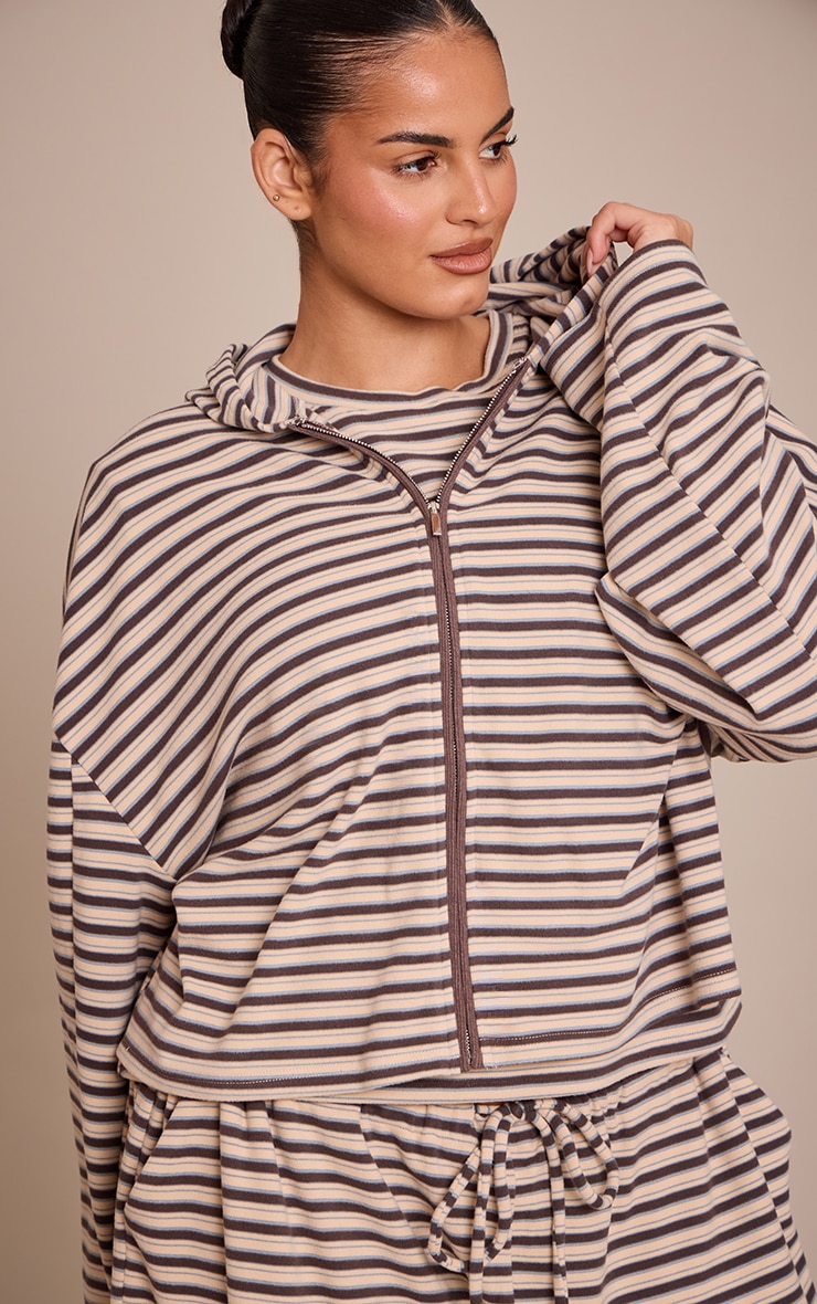 Plus Brown Striped Soft Fleece Zip Up Hoodie image 4