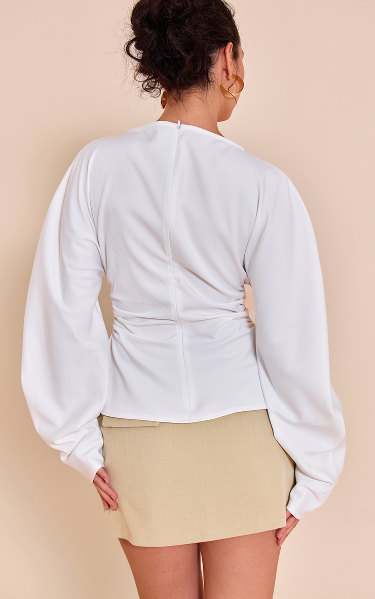 White Woven Boatneck Fitted Blouse image 2
