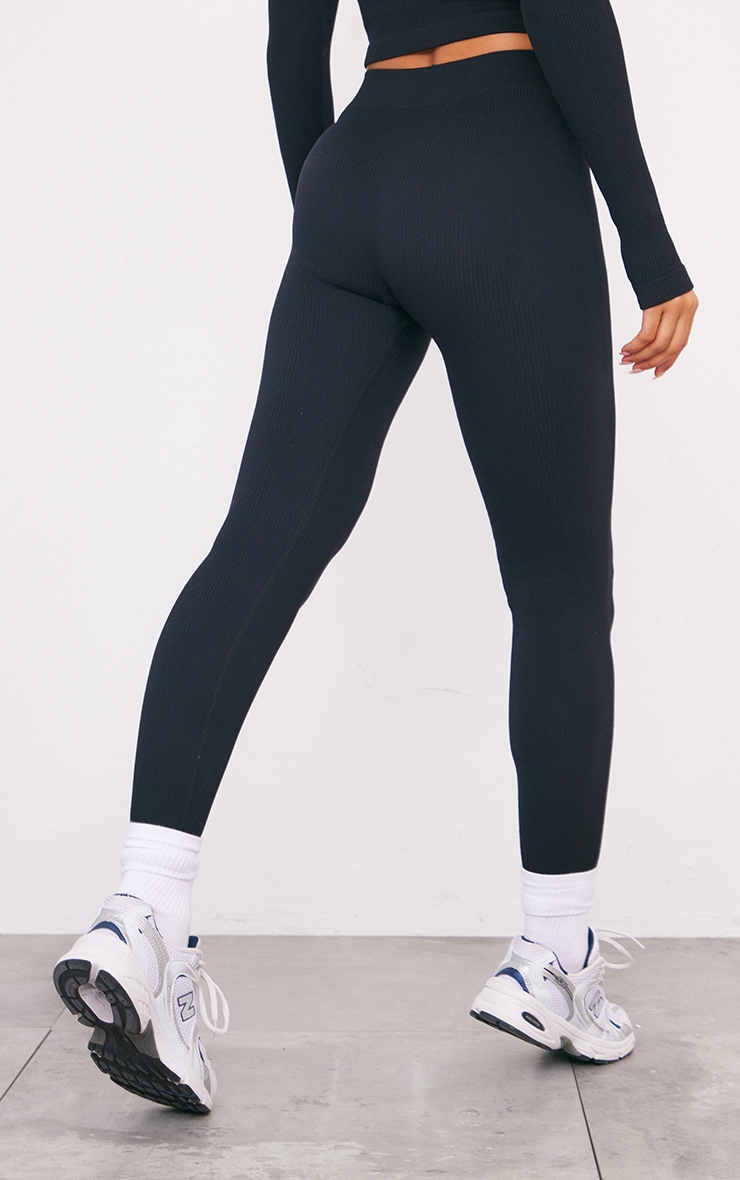 Black Structured Snatched Ribbed Leggings image 3