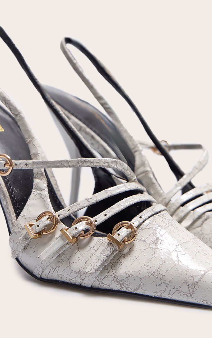 White Cracked Pu Point Toe Multi Buckle Low Heeled Court Shoes image 4