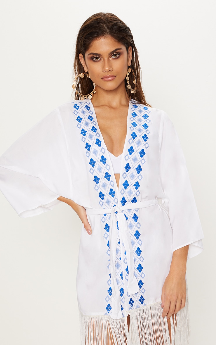 White Embroidered Tassel Trim Belted Kimono PrettyLittleThing USA