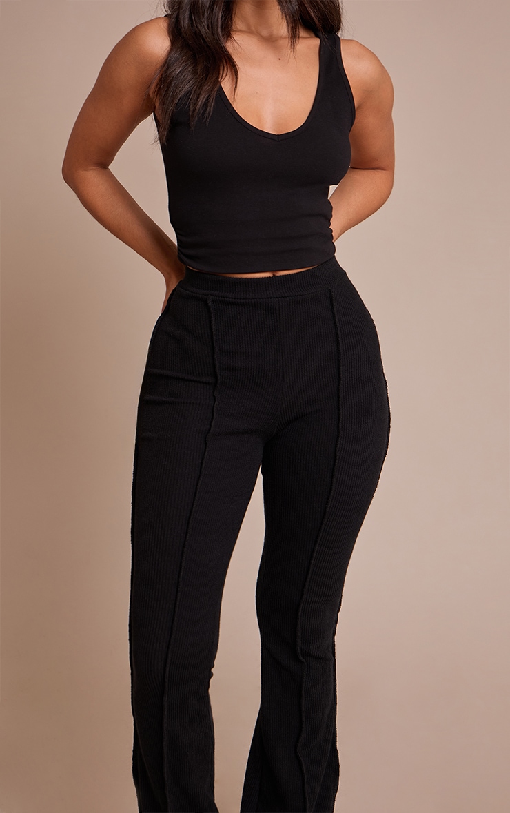 Petite Black Rib High Waist Seam Detail Flared Pants image 4
