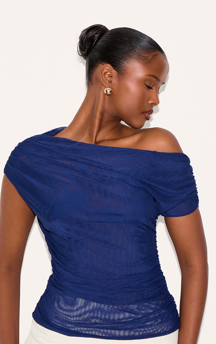  Navy Double Layer Mesh Ruched Detail Asymmetric Top image 4