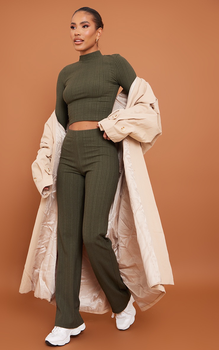 Khaki Ribbed Knit High Neck Tank