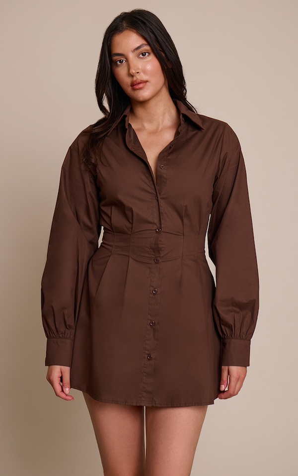 Robe chemise en popeline de coton chocolat à taille cintrée