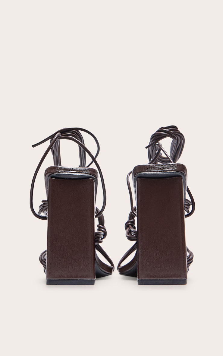Chocolate Pu Square Toe Strappy Lace Up Block Heeled Sandals image 3