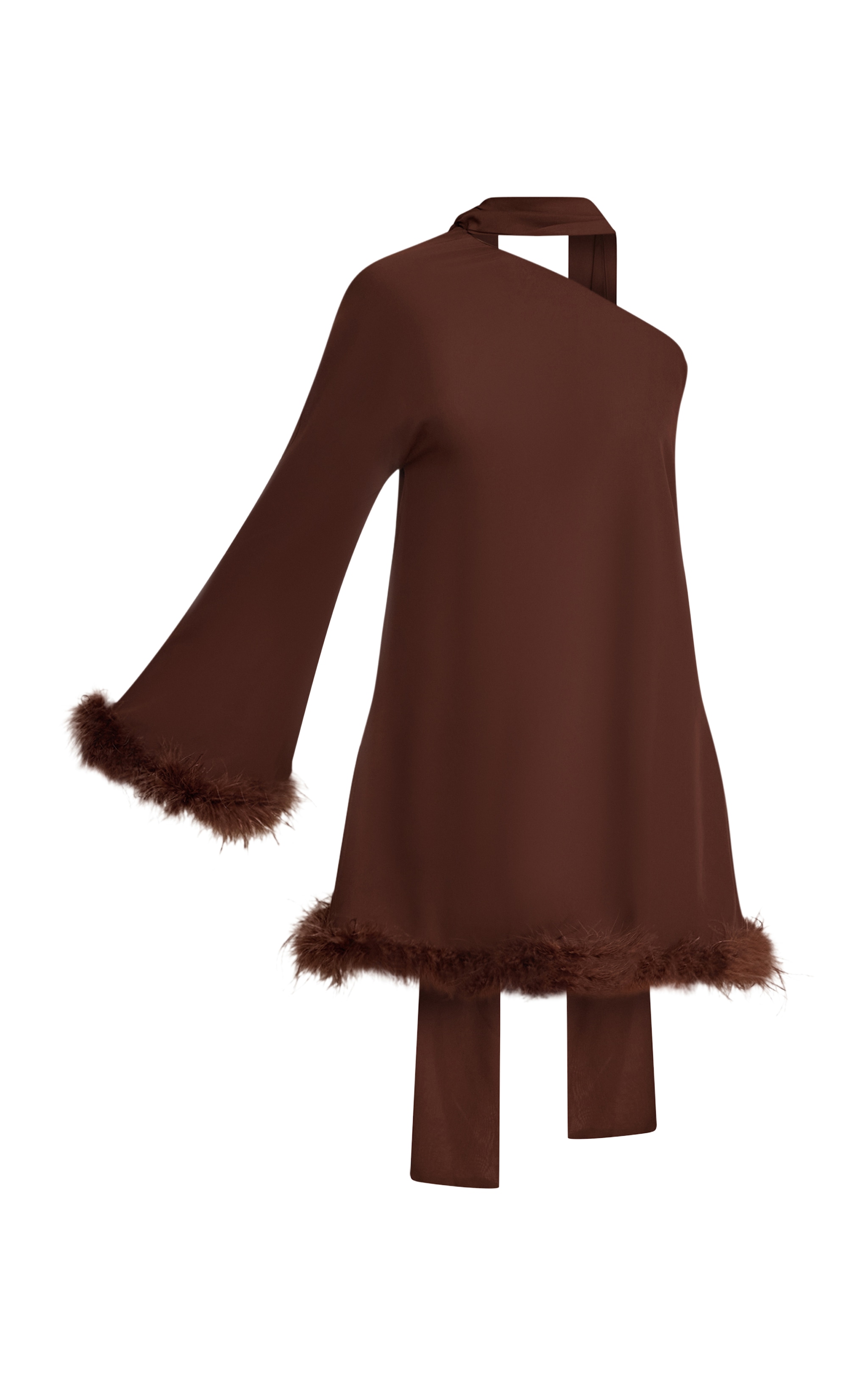 Chocolate Chiffon One Shoulder Feather Detail Shift Dress image 5