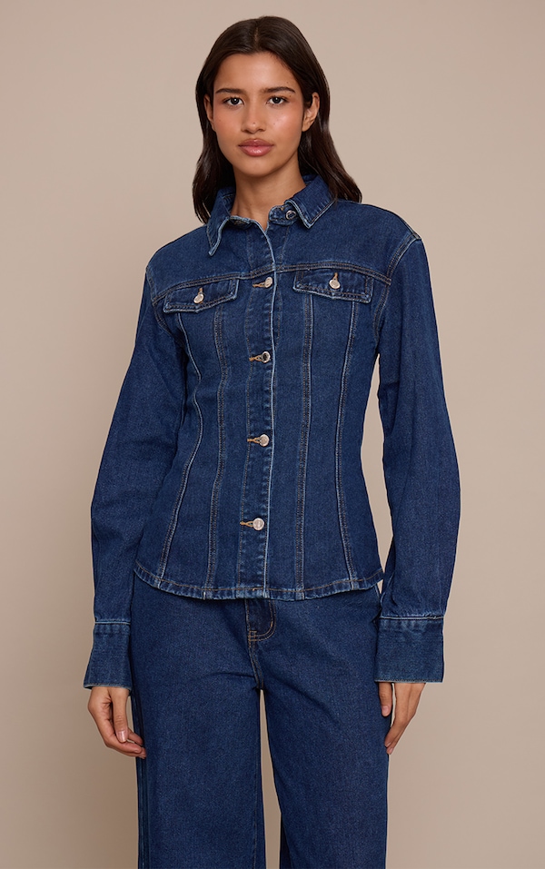 Tall Chemise ajustée en jean indigo foncé à manches longues