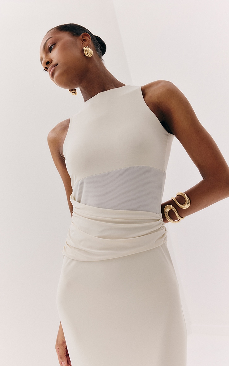 Almond Slinky Mesh Cut Out Maxi Dress image 4