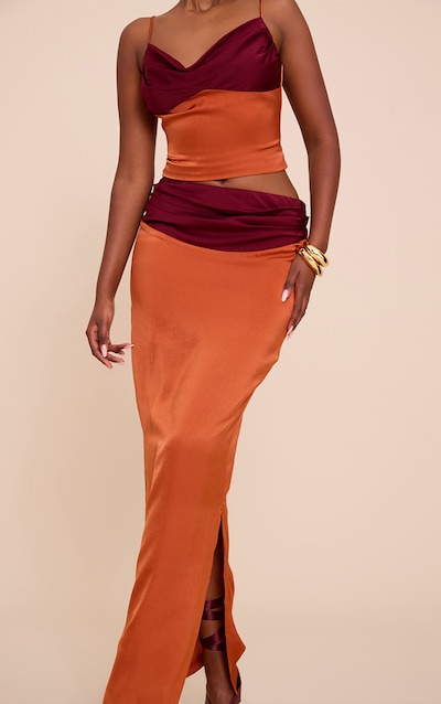 Multi Satin Pleated Contrast Maxi Skirt