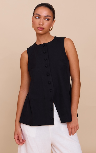 Gilet long tissé noir à boutons