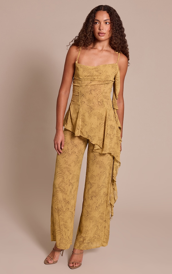 Tall Chartreuse Abstract Print Chiffon Straight Leg Pants