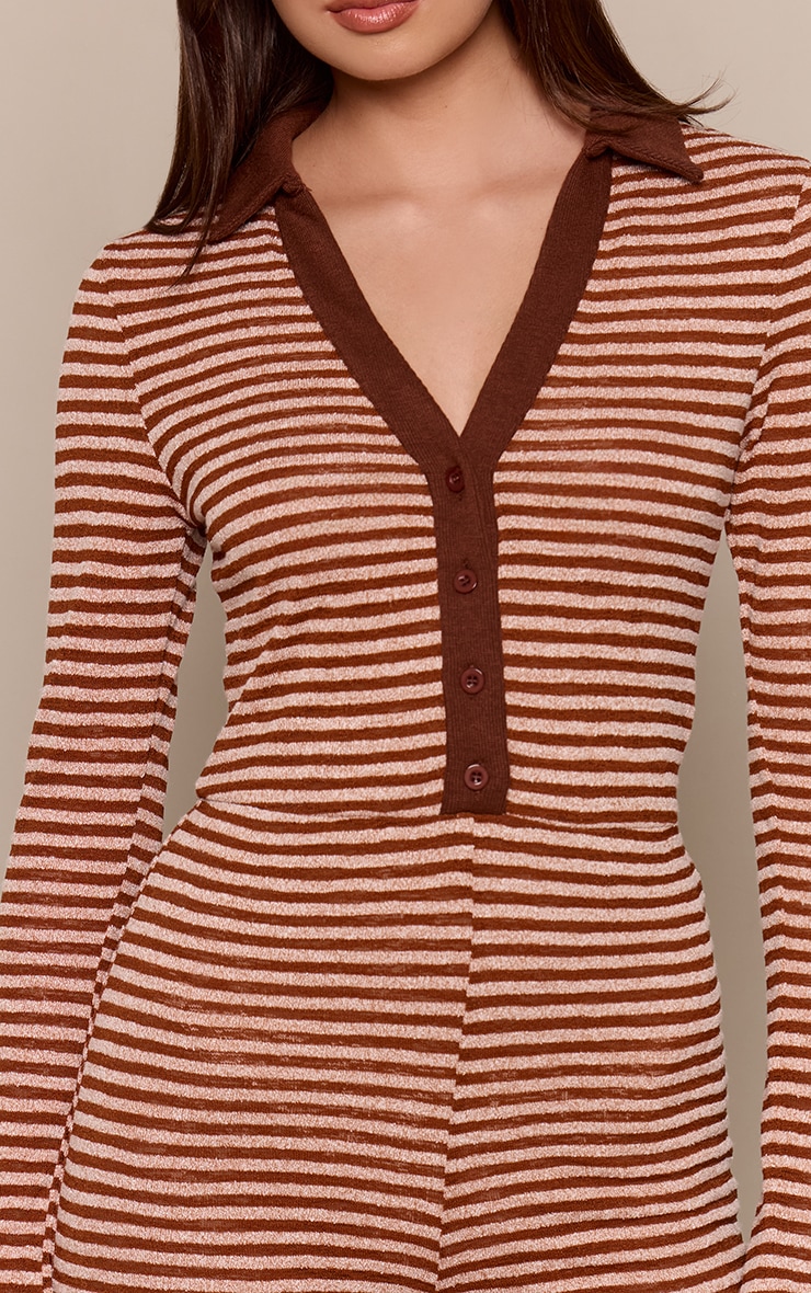 Brown Striped Rib Long Sleeve Collar Detail Romper image 4