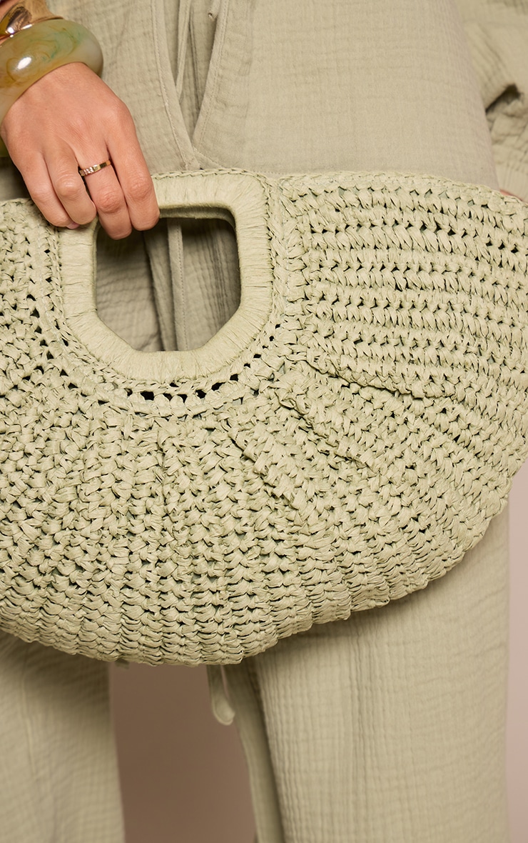 Sage Raffia Rounded Clutch Bag