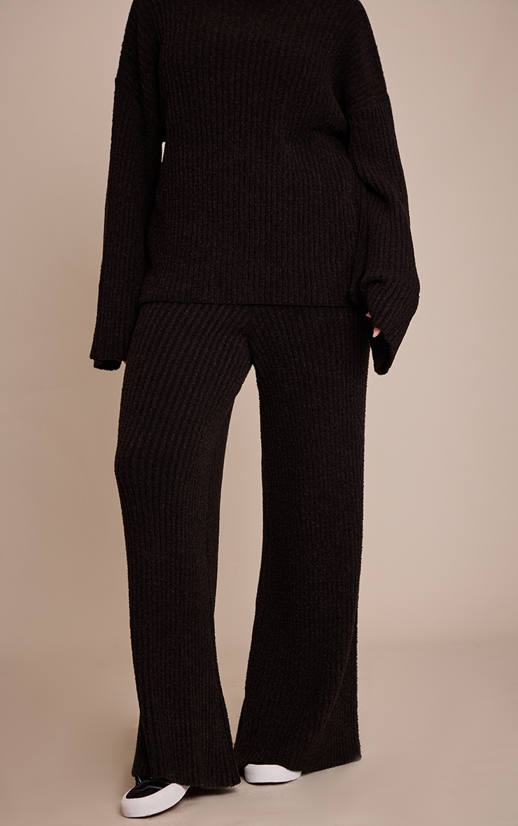 Plus Black Rib Boucle Knit Wide Leg Pants image 2