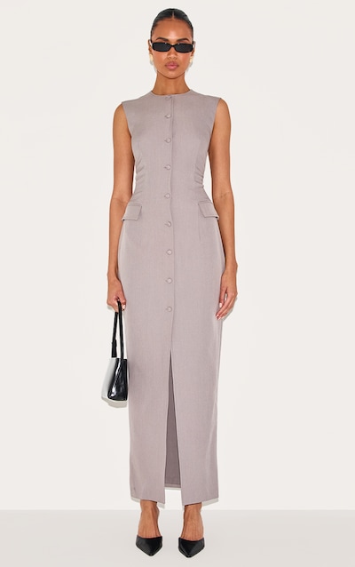 Robe longue tissée grise à boutons