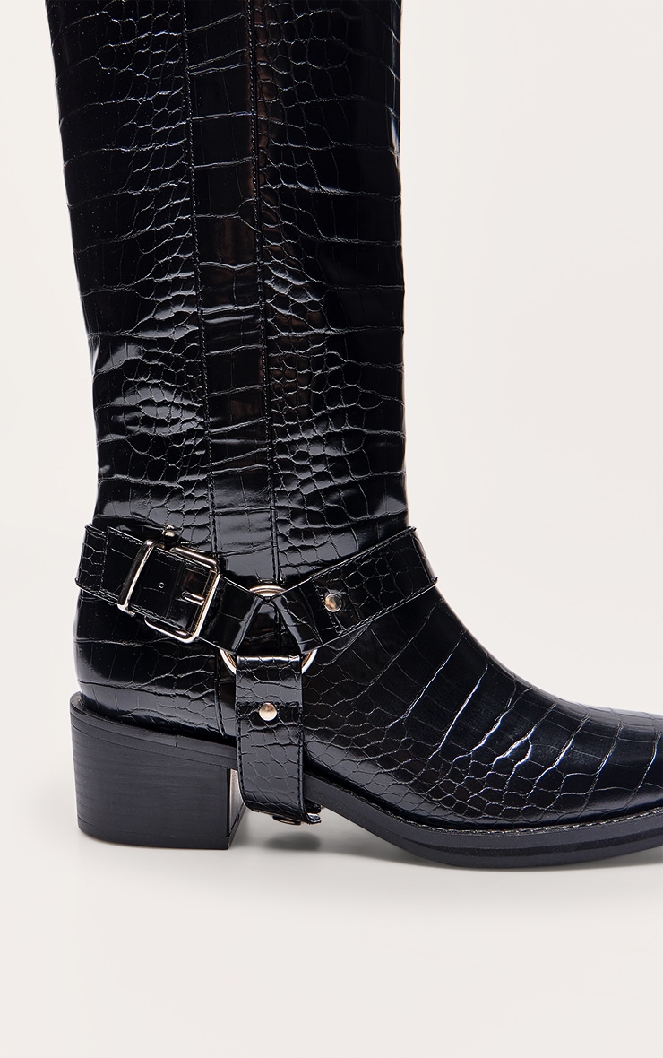 Black Croc Patent Buckle Detail Knee High Boots image 5
