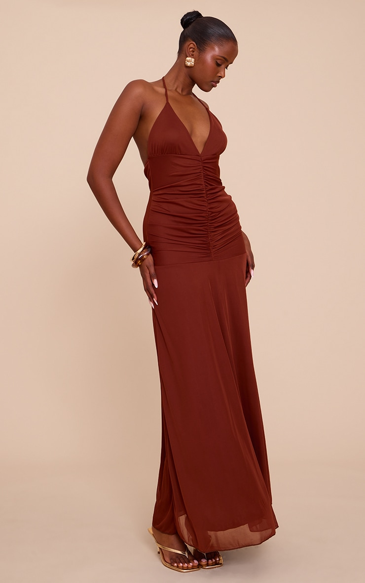 Chocolate Ruched Detail Strappy Maxi Dress image 3