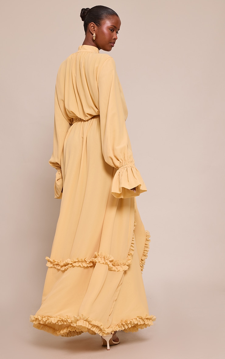 Mustard Chiffon High Neck Frill Detail Maxi Dress image 2