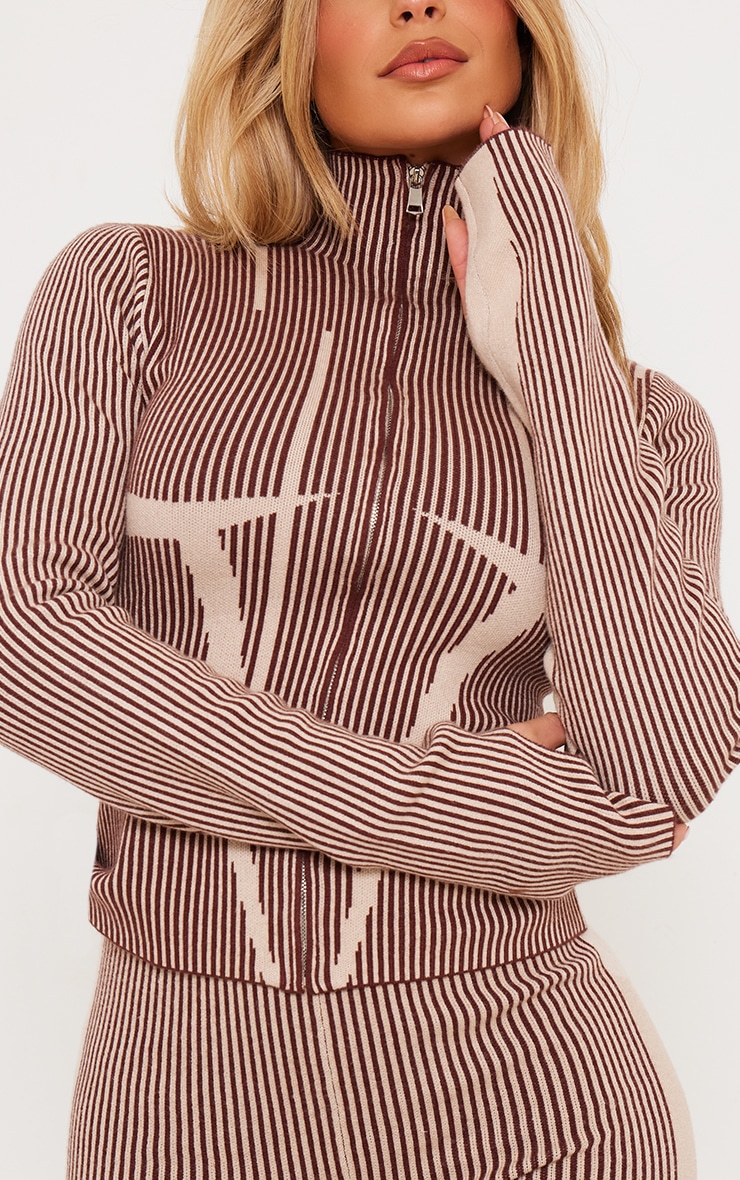 Chocolate Two Tone High Neck Zip Up Knit Cardigan image 4