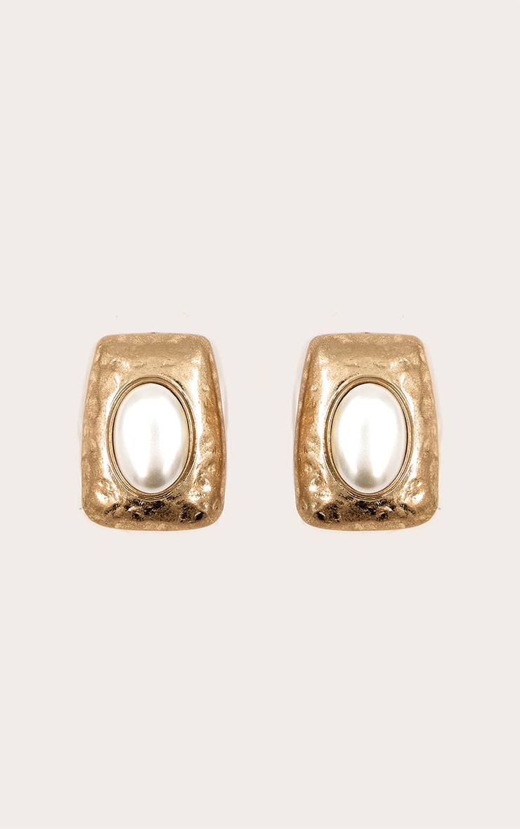 Pearl Brushed Gold Textured Statement Stud Earrings image 2