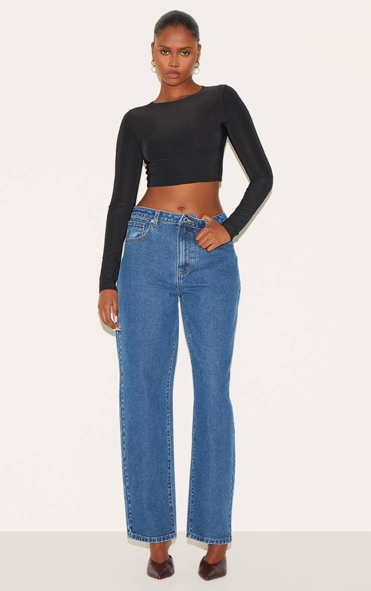 Crop top basique noir foncé moulant à manches longues image 3