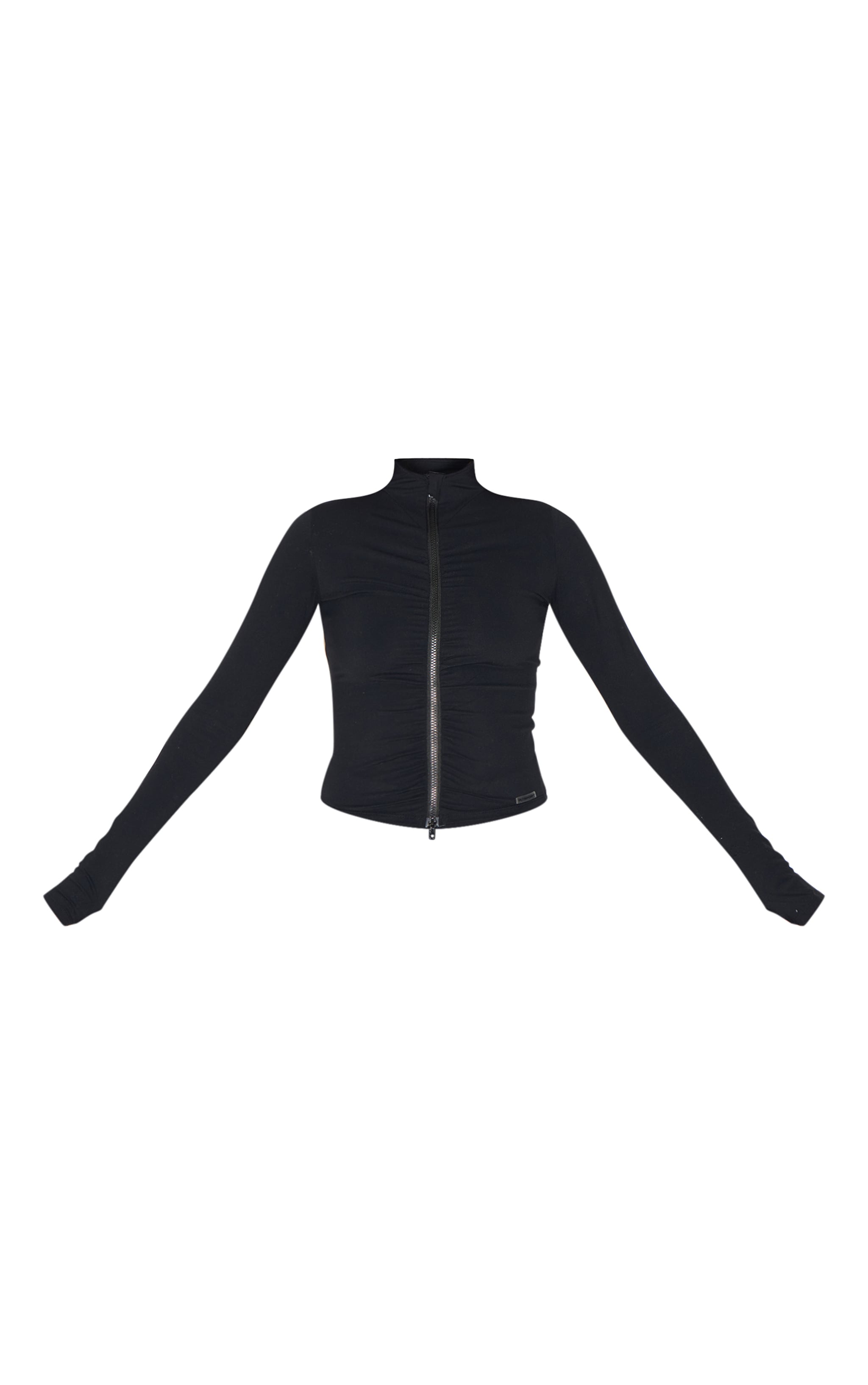 Black Brushed Sculpt Ruched Front Zip Up Sport Jacket image 5