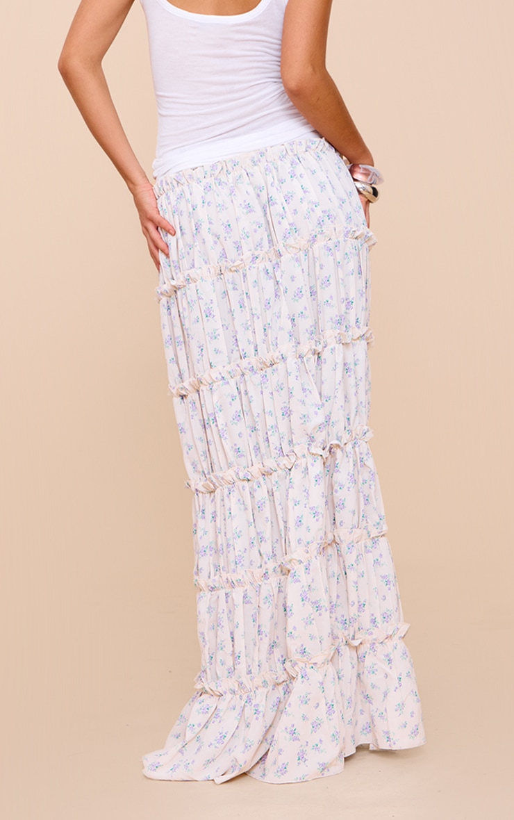 Blue Ditsy Floral Print Tiered Maxi Skirt image 3
