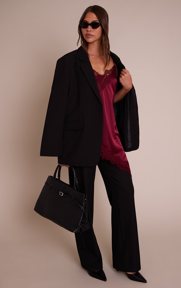 Plum Satin Lace Detail Asymmetric Long Top image 3