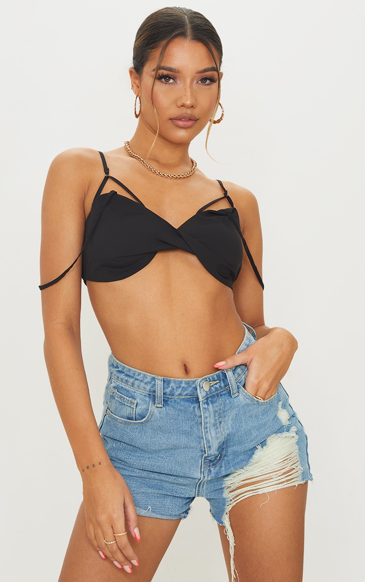 Bralette en maille tissée noire à détail plissé
