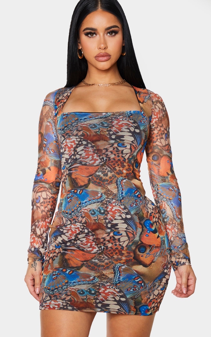 Shape Multi Butterfly Print Mesh Square Neck Bodycon Dress